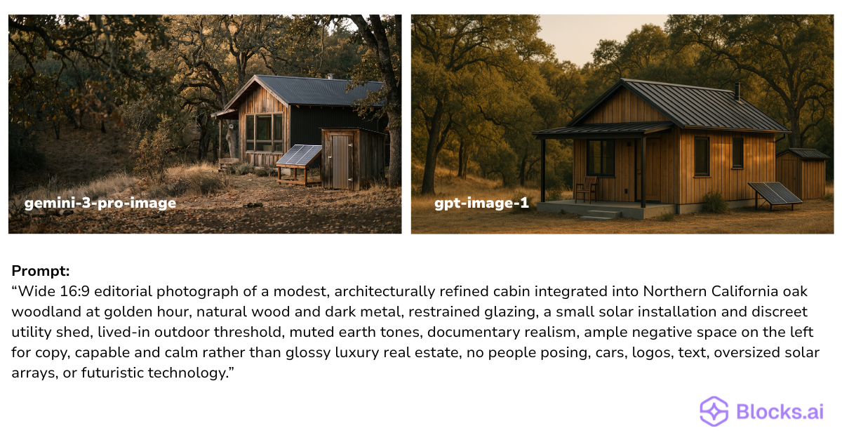 Side-by-side comparison of the same cabin prompt rendered by gemini-3-pro-image and gpt-image-1